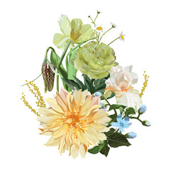 Garden beige green flowers bouquet. Peony, tulips, dahlia flowers. Realistic vector image. Print for all types of surfaces. Trendy print.