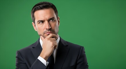Man in suit thinking on a green background