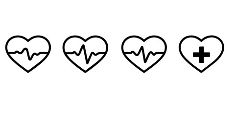 heart icons representing health cardiology and medical care with electrocardiogram lines and a plus symbol