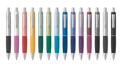 High-resolution product photo of 12 metallic ballpoint pens in vibrant colors, glossy finish, neat horizontal line on a transparent background.