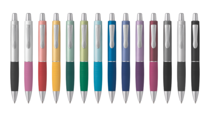 High-resolution product photo of 12 metallic ballpoint pens in vibrant colors, glossy finish, neat horizontal line on a transparent background.