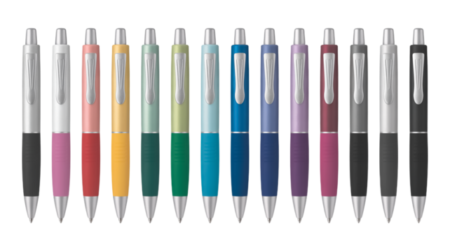 High-resolution product photo of 12 metallic ballpoint pens in vibrant colors, glossy finish, neat horizontal line on a transparent background.
