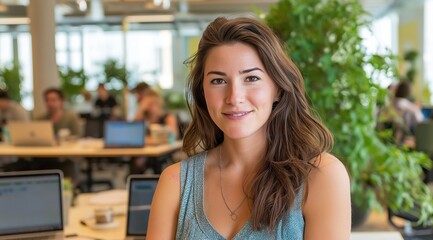Confident young woman in modern coworking office with city view and plants