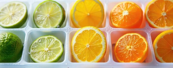 Obraz premium Vibrant citrus fruits, lemons, limes, and oranges, frozen solid in individual ice cube trays, ready for refreshing cocktails or culinary creations , citrus peel, freezer