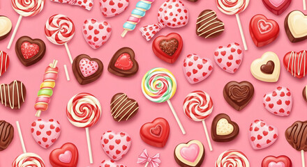 An irresistible collection of heart-shaped chocolates, colorful lollipops, and festive candies scattered on a cheerful pink background, perfect for sweet celebrations and expressions of love