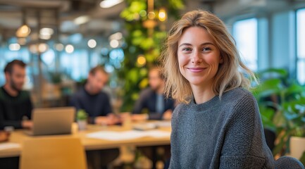 Confident young woman in modern coworking office with city view and plants