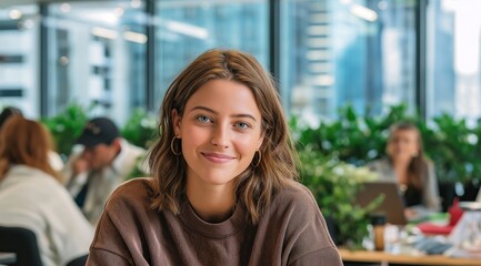 Confident young woman in modern coworking office with city view and plants