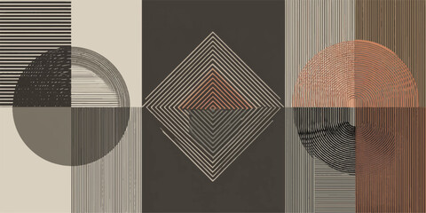 Abstract geometric composition with circles and diamond shapes in muted earthy tones