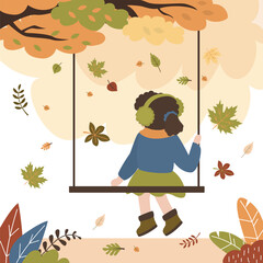 Cute kid sitting on swing. Autumn, leaves fall. Lonely girl swinging on swings. Character have fun outdoors in park. Autumn greeting card. Rear view.
