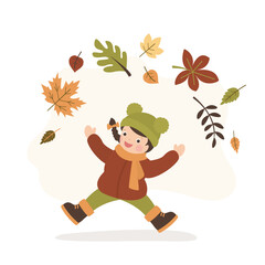 Cute kid playing and jumping with autumn leaves. Happy child in fall. Funny girl in outdoor activity, beauty female character in warm clothes isolated on white background.