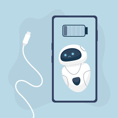 Mobile phone with low battery and unhappy ai bot assistant. Charger, low battery, white cable, new modern technologies