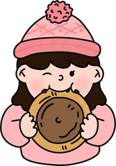 겨울 간식 호떡 먹는 어린이 캐릭터 라인드로잉(winter food character line drawing)