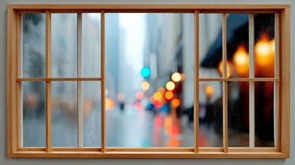 A window with a city view and raindrops on it. The raindrops are blurry and the city lights are visible