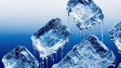 Melting Ice Cubes on Blue Background, Close-Up View.