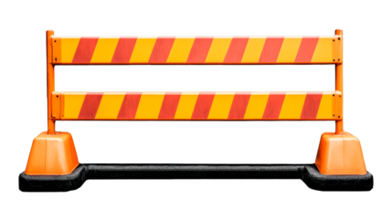 Orange construction barrier with yellow and red hazard stripes