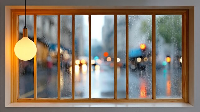 A window with a light hanging from it and raindrops on the glass. The light is yellow and the rain is falling