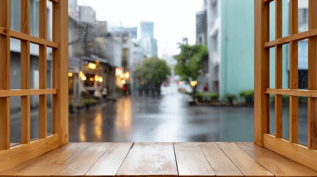 A view of a city street with rain falling and a wooden window frame. The rain is creating a blurry effect on the street, giving the scene a dreamy, almost ethereal quality