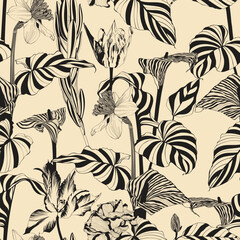 Pattern background with tulips, daffodils, callas, flowers, leaf drawing illustration. Exotic line illustration.
