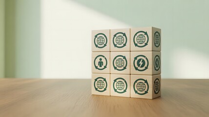 Wooden cubes stacked on a table with sustainability, eco-friendly, renewable energy and environmental icons, representing green technology, sustainable development, clean energy solutions and environm