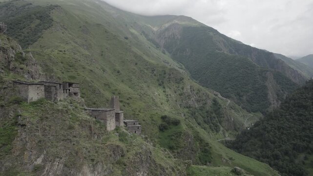 Stunning scenery of a mountain village built of stone. Mutso, Khevsureti, Georgia