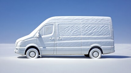 A white van is covered in snow. The snow is piled up on the roof and the hood. The van is parked on a snowy road