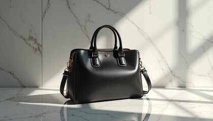  Black leather handbag on marble background