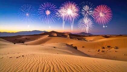 Spectacular fireworks exploding over a desert landscape, creating a vibrant display in the night sky. The scene is captivating.