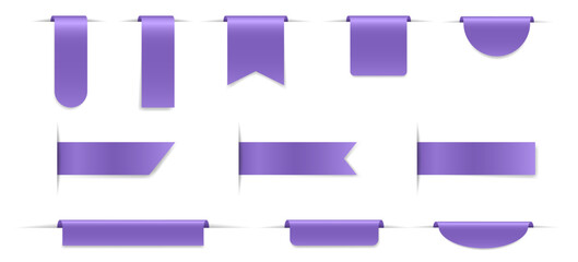 Set of purple bookmarks with shadows. Bent paper strips for marking pages. Long and short labels