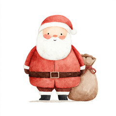 Adorable watercolor Santa Claus with a big brown gift bag