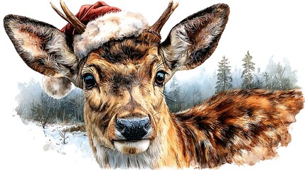 Watercolor masterpiece: Adorable baby animal, close-up portrait, wearing a tiny Santa hat Watercolor Hygge and Hearth Whimsical Woodland Storybook