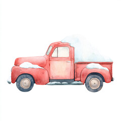 Charming watercolor red truck covered with snow, perfect for Christmas cards, stickers, and festive clipart designs