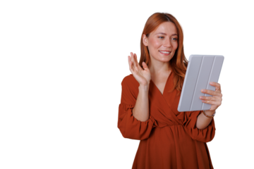 Woman video chatting on tablet, happy greeting in online communication, content customer on transparent background