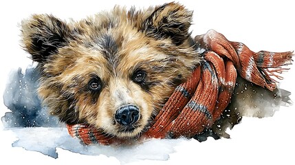 Watercolor masterpiece: Adorable baby animal, close-up portrait, wearing a tiny Santa hat Watercolor Hygge and Hearth Whimsical Woodland Storybook