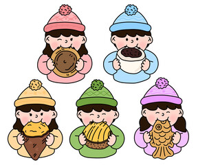 겨울 간식 먹는 어린이 캐릭터 라인드로잉(winter food character line drawing)