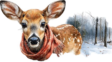 Watercolor masterpiece: Adorable baby animal, close-up portrait, wearing a tiny Santa hat Watercolor Hygge and Hearth Whimsical Woodland Storybook