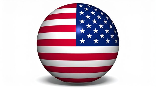 “Spherical object wrapped in American flag design with blue field of stars and red and white stripes”
