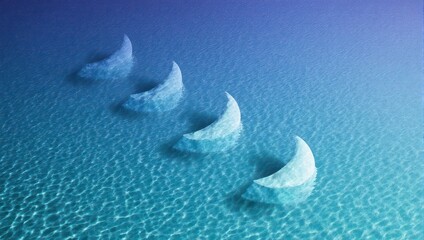 Four crescent moon shapes floating on a rippled blue water surface.