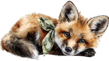 Watercolor masterpiece: Adorable baby animal, close-up portrait, wearing a tiny Santa hat Watercolor Hygge and Hearth Whimsical Woodland Storybook