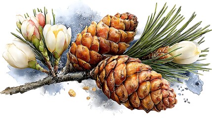 Fine art watercolor illustration: Detailed pine branch with soft needles and tiny pinecones Watercolor Hygge and Hearth Whimsical Woodland Storybook