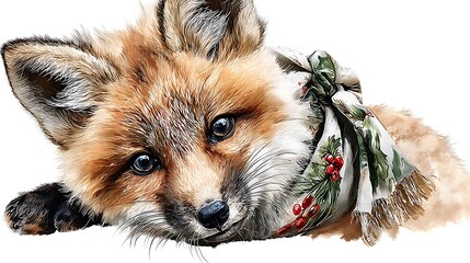 Watercolor masterpiece: Adorable baby animal, close-up portrait, wearing a tiny Santa hat Watercolor Hygge and Hearth Whimsical Woodland Storybook