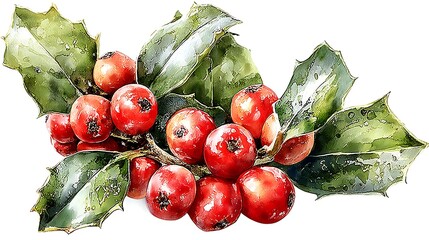 Watercolor masterpiece: Close-up illustration of a sprig of vibrant green holly with bright red berries Watercolor Hygge and Hearth Whimsical Woodland Storybook