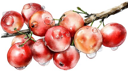 Watercolor masterpiece: Close-up illustration of a sprig of vibrant green holly with bright red berries Watercolor Hygge and Hearth Whimsical Woodland Storybook