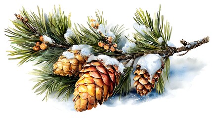 Fine art watercolor illustration: Detailed pine branch with soft needles and tiny pinecones Watercolor Hygge and Hearth Whimsical Woodland Storybook