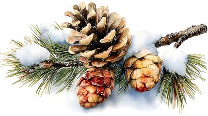 Fine art watercolor illustration: Detailed pine branch with soft needles and tiny pinecones Watercolor Hygge and Hearth Whimsical Woodland Storybook