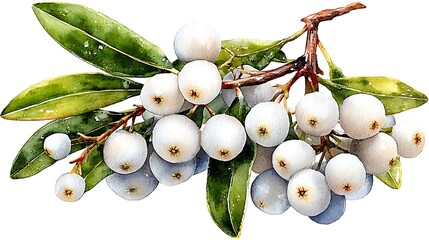 Hyperrealistic watercolor painting: Individual cluster of mistletoe with delicate white berries Watercolor Hygge and Hearth Whimsical Woodland Storybook