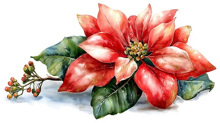 Watercolor realism: Single vibrant poinsettia bloom, velvety red petals, intricate stamen details Watercolor Hygge and Hearth Whimsical Woodland Storybook