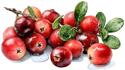 Watercolor masterpiece: Close-up illustration of a sprig of vibrant green holly with bright red berries Watercolor Hygge and Hearth Whimsical Woodland Storybook