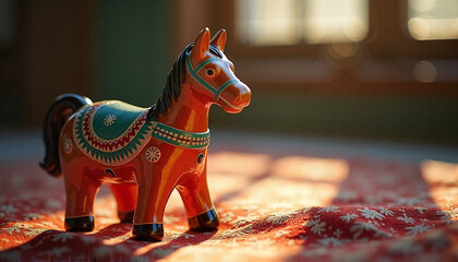  Traditional wooden horse figurine on patterned fabric