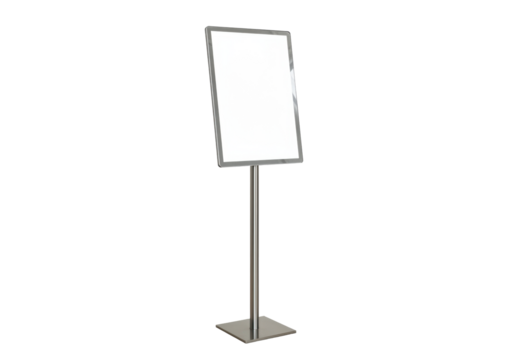 Isolated sign holder stand indoors, retail presentation, menu display rack, information panel