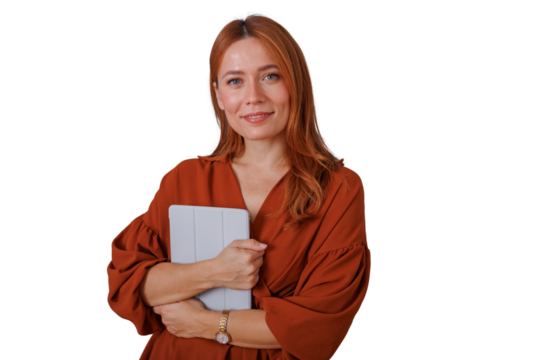 Smiling businesswoman holding digital tablet, showcasing professional expertise and confident communication, transparent background